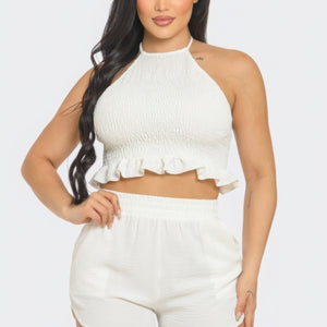 White Front Smocking Detail Halter Top And Shorts Set