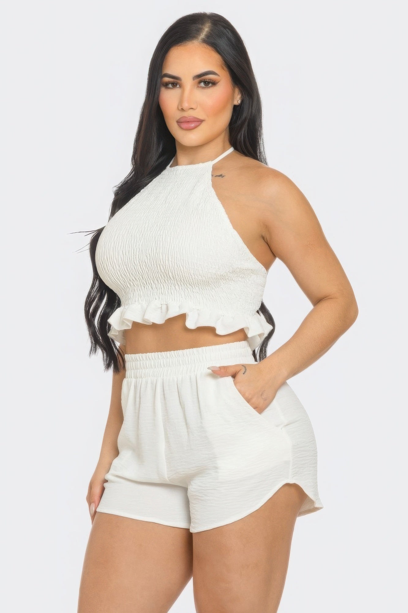 White Front Smocking Detail Halter Top And Shorts Set