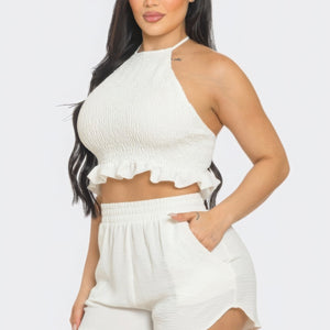 White Front Smocking Detail Halter Top And Shorts Set