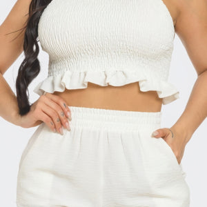 White Front Smocking Detail Halter Top And Shorts Set