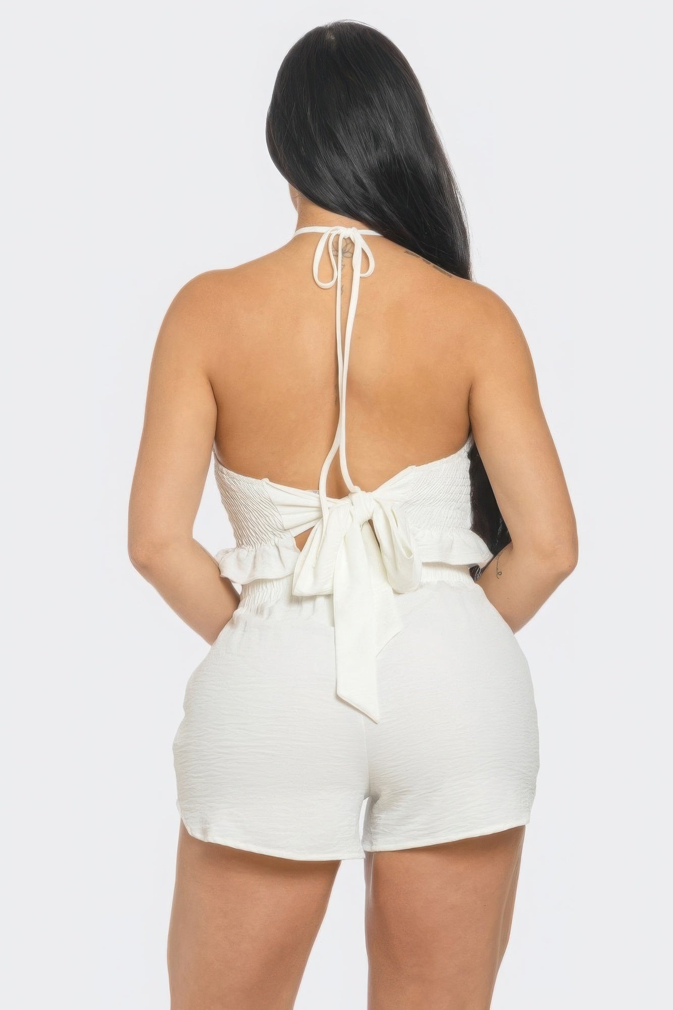 White Front Smocking Detail Halter Top And Shorts Set