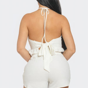 White Front Smocking Detail Halter Top And Shorts Set