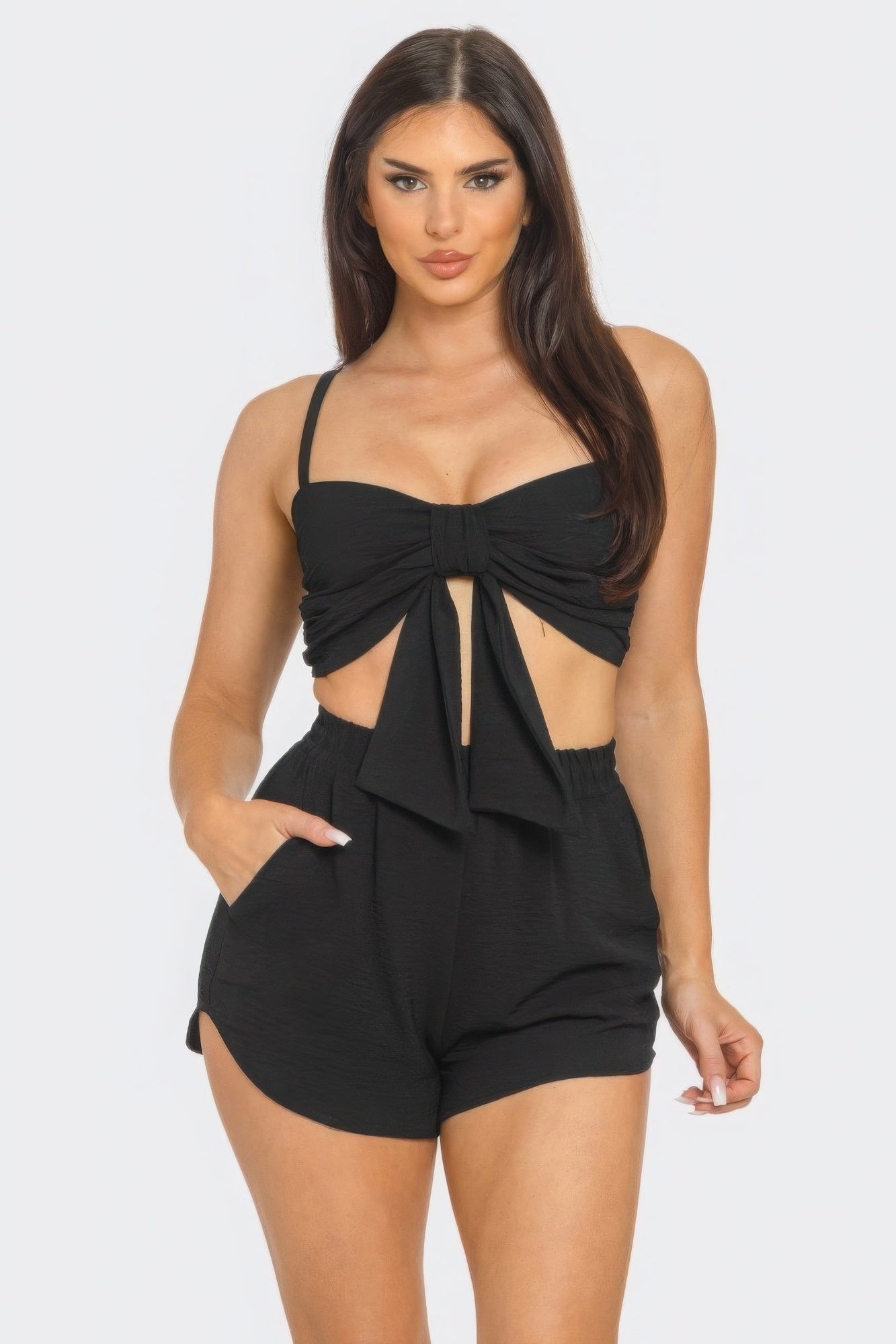 Black Front Oversized Bow Twisted Tie Top And Shorts Set