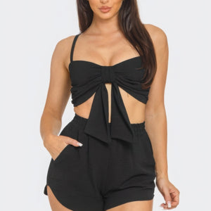 Black Front Oversized Bow Twisted Tie Top And Shorts Set