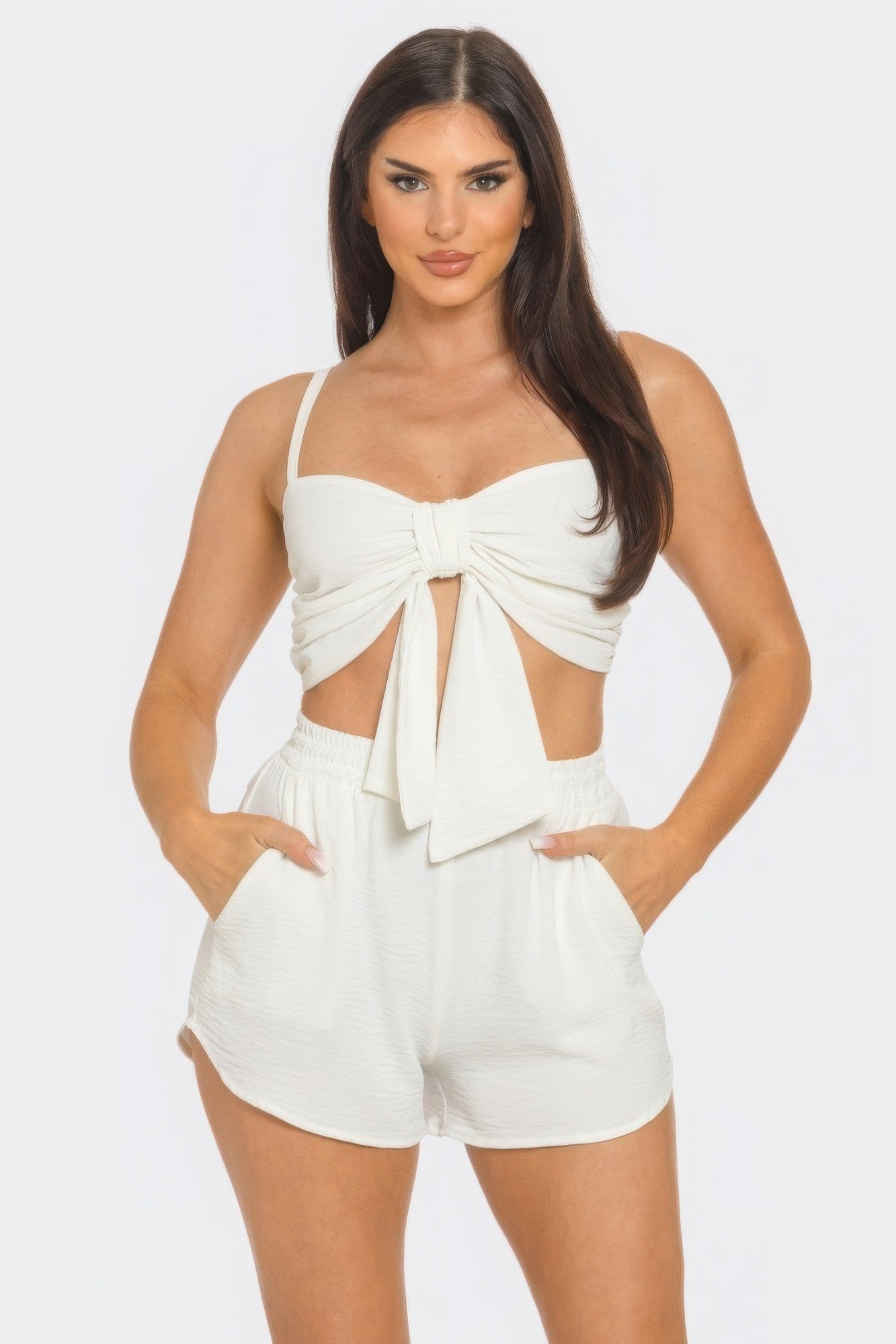 White Front Oversized Bow Twisted Tie Top And Shorts Set