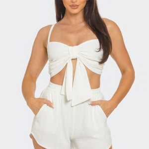 White Front Oversized Bow Twisted Tie Top And Shorts Set