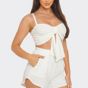 White Front Oversized Bow Twisted Tie Top And Shorts Set