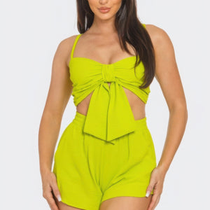 Lime Front Oversized Bow Twisted Tie Top And Shorts Set