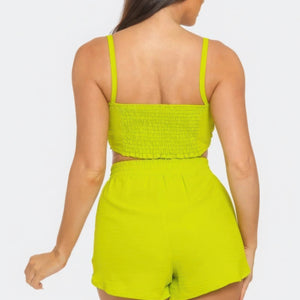 Lime Front Oversized Bow Twisted Tie Top And Shorts Set