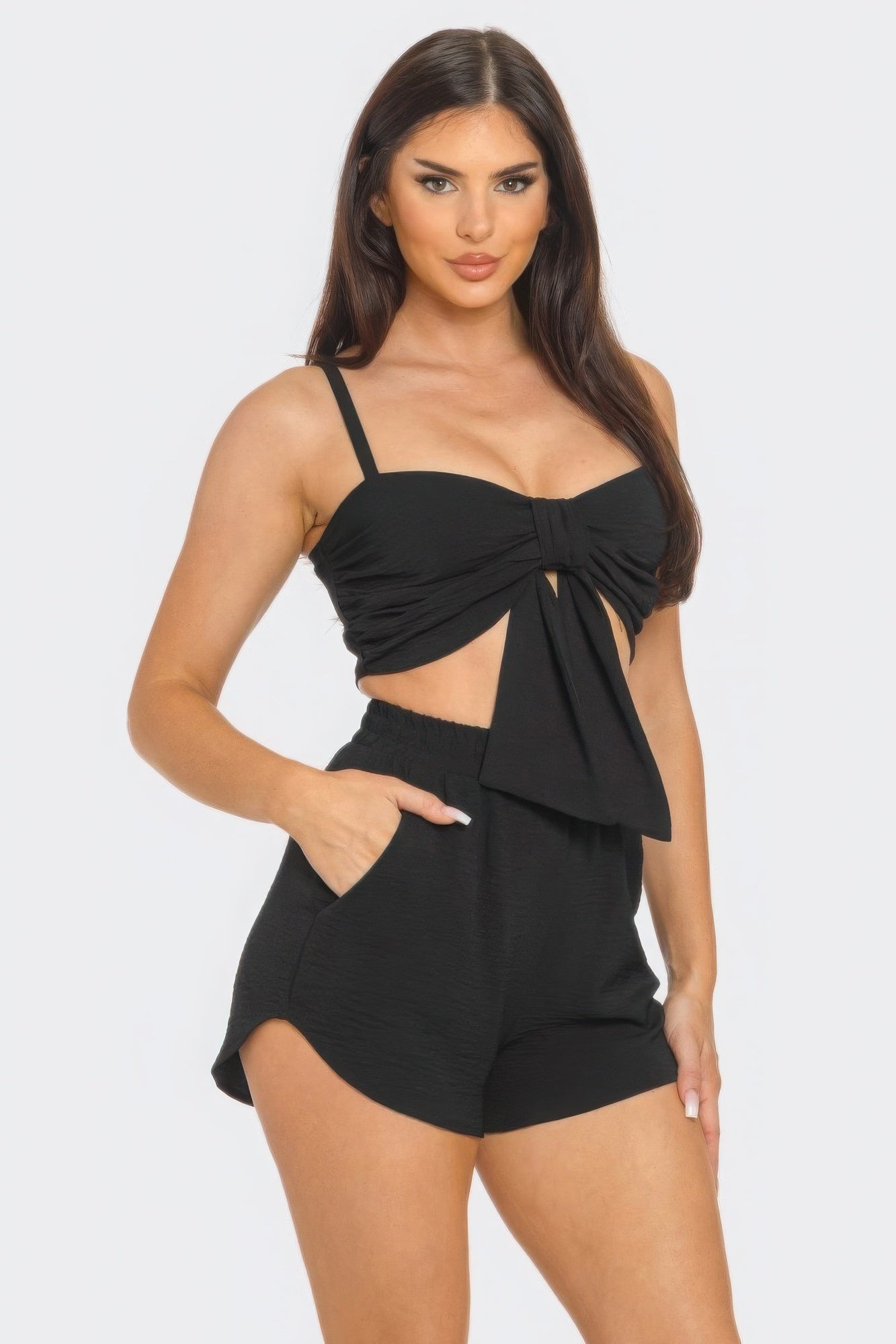 Black Front Oversized Bow Twisted Tie Top And Shorts Set