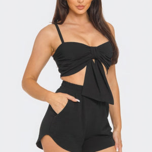 Black Front Oversized Bow Twisted Tie Top And Shorts Set