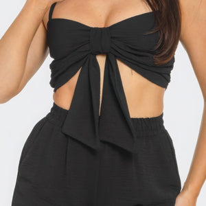 Black Front Oversized Bow Twisted Tie Top And Shorts Set