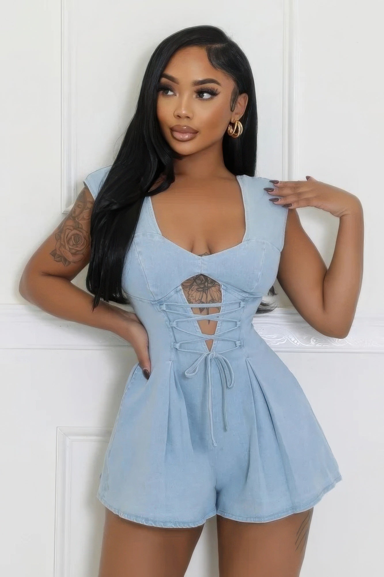 Denim V-neck Stretch Romper