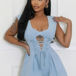 Denim V-neck Stretch Romper