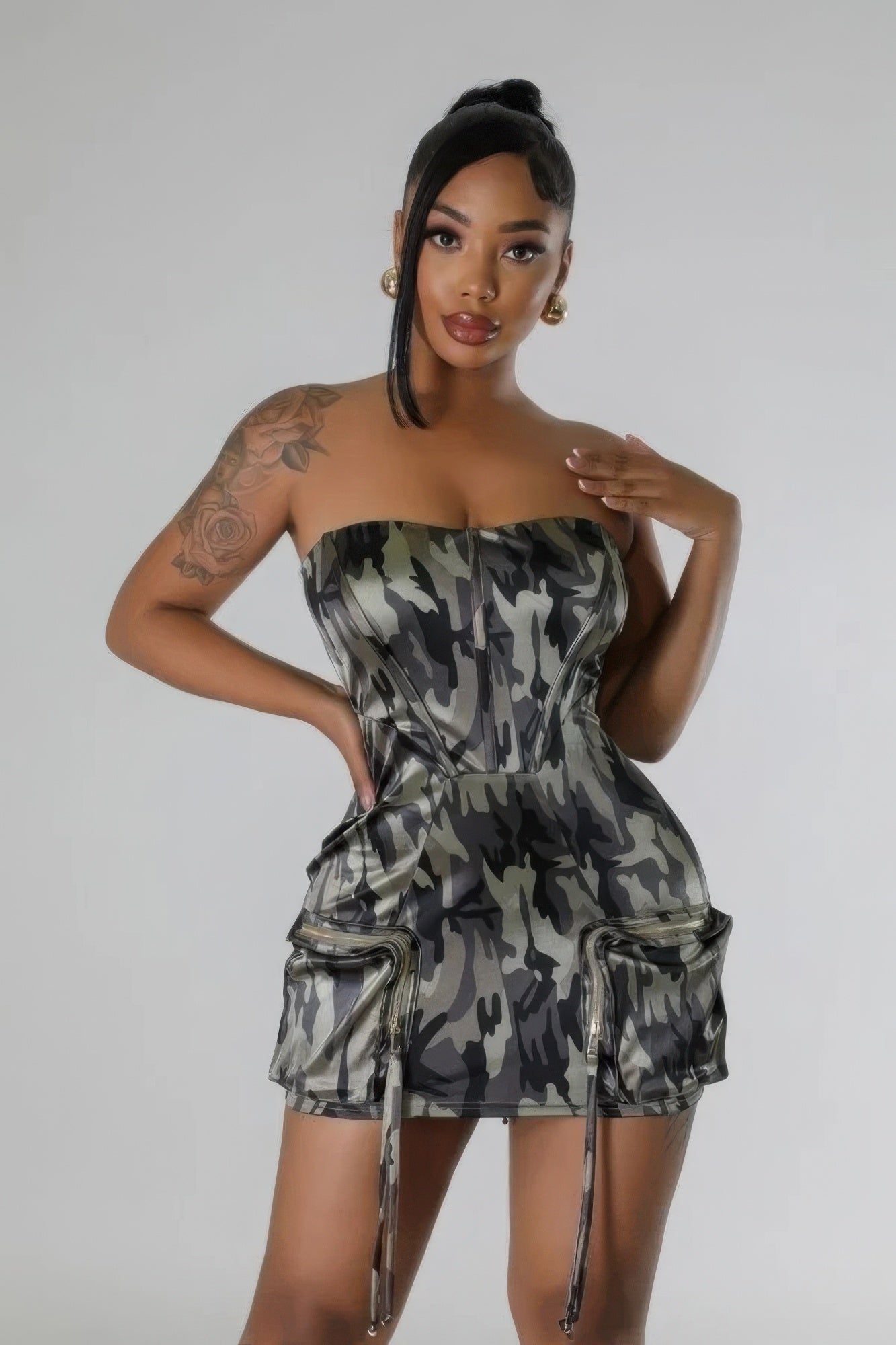 Camouflage Zipper Closure Stretch Tube Dress