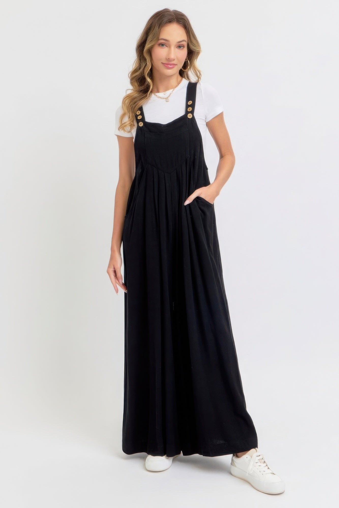 Adjustable Strap Overall Wide Leg Jumpsuit in Black