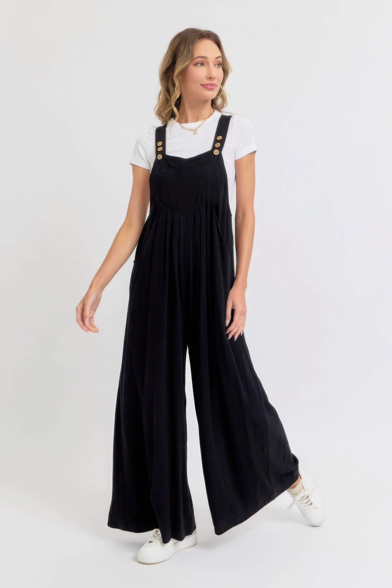 Adjustable Strap Overall Wide Leg Jumpsuit in Black