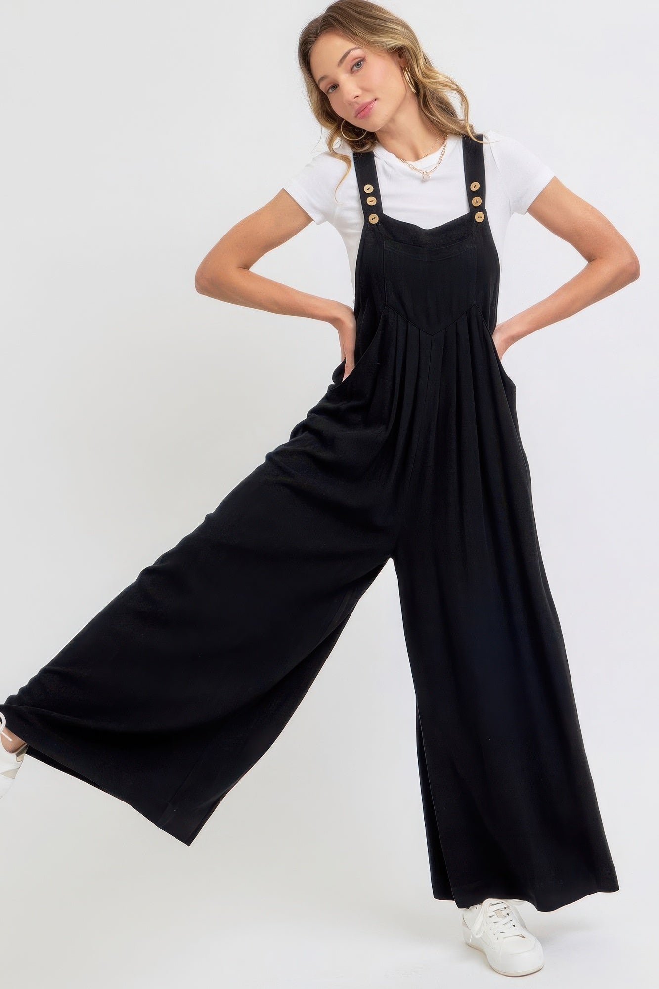 Adjustable Strap Overall Wide Leg Jumpsuit in Black