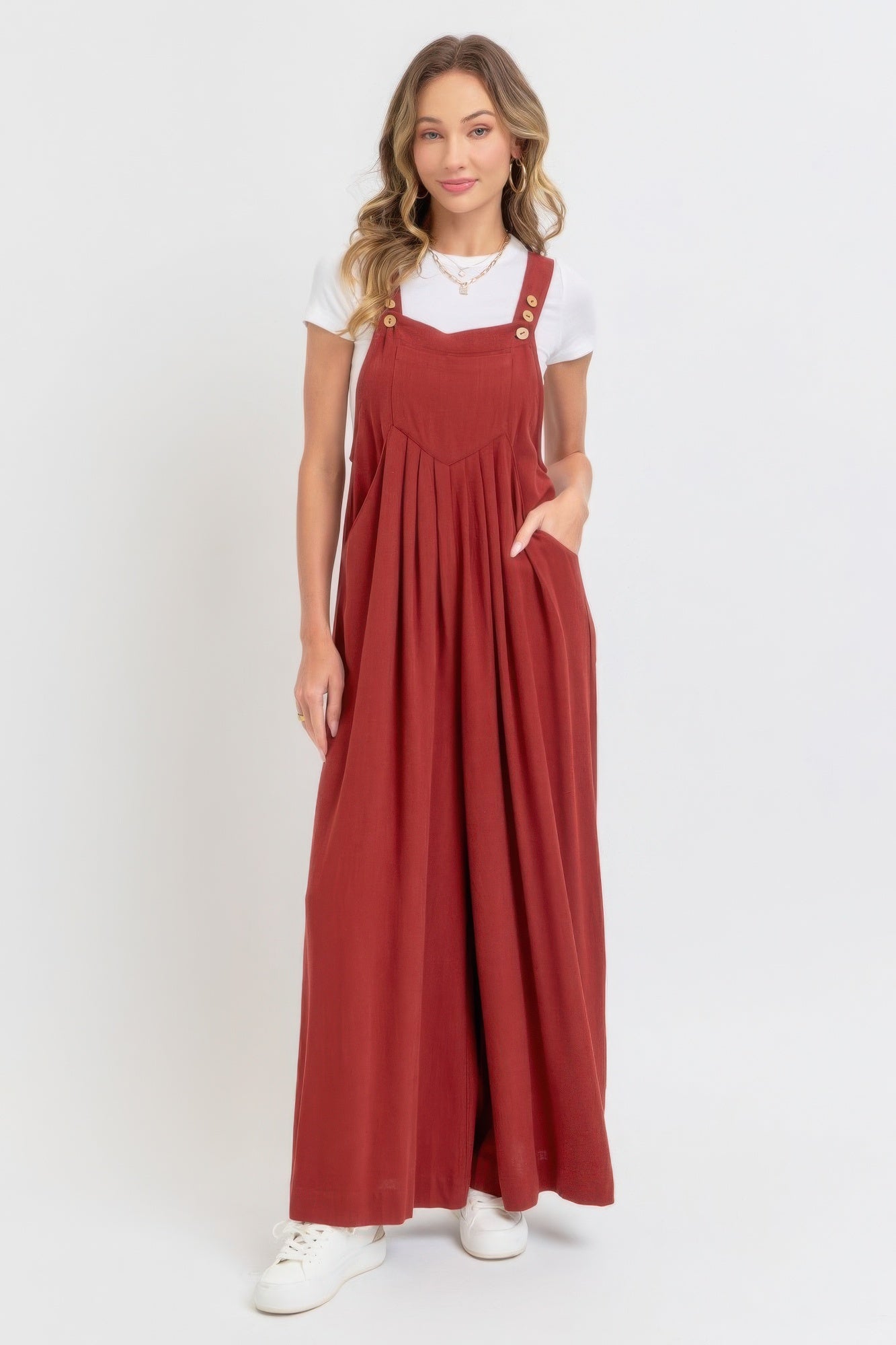 Adjustable Strap Overall Wide Leg Jumpsuit in Brick