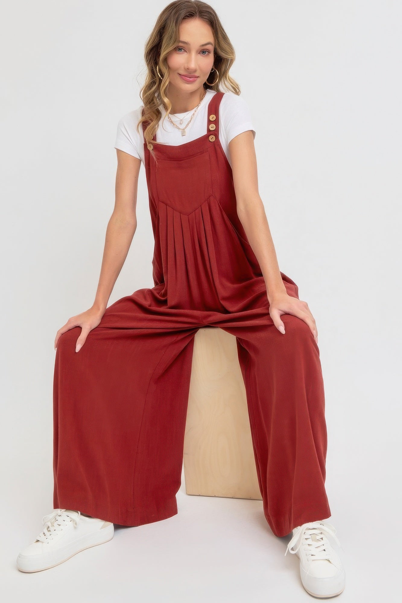 Adjustable Strap Overall Wide Leg Jumpsuit in Brick