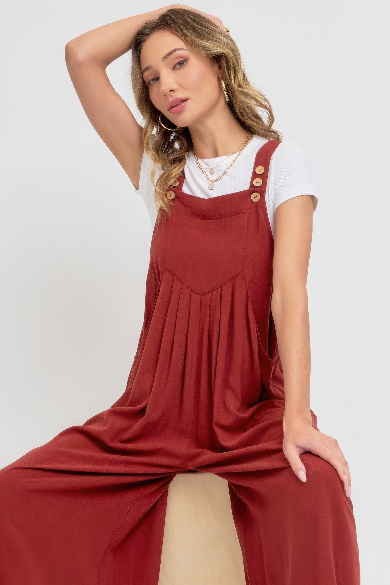 Adjustable Strap Overall Wide Leg Jumpsuit in Brick