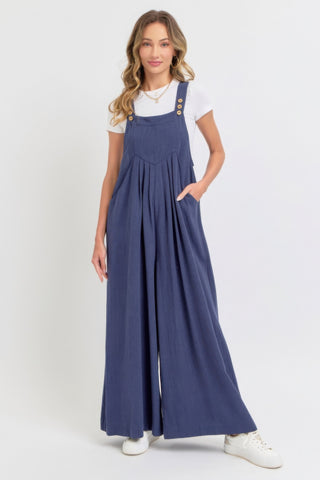 Ink Blue Adjustable Strap Overall Wide Leg Jumpsuit