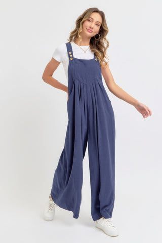 Ink Blue Adjustable Strap Overall Wide Leg Jumpsuit