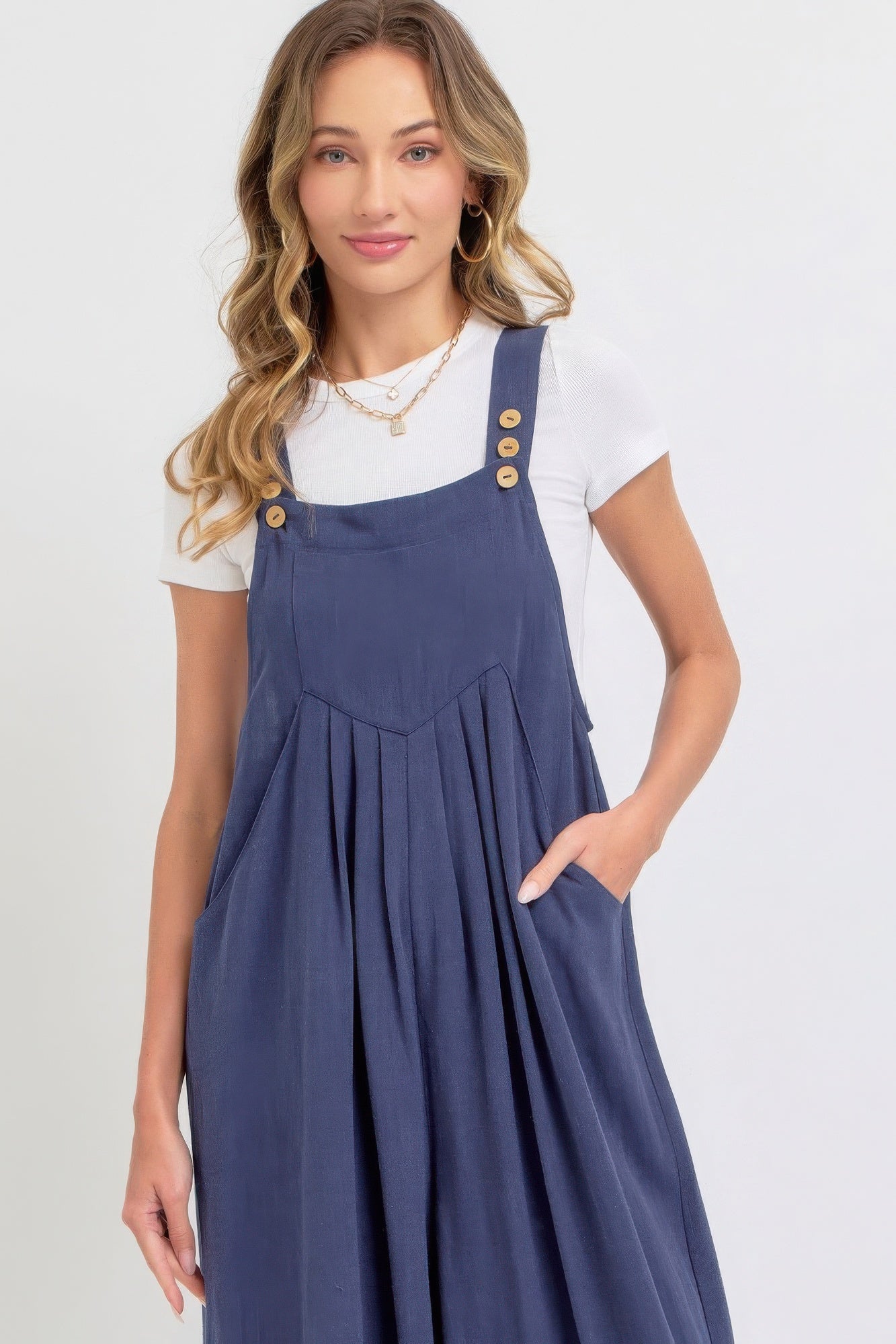 Ink Blue Adjustable Strap Overall Wide Leg Jumpsuit