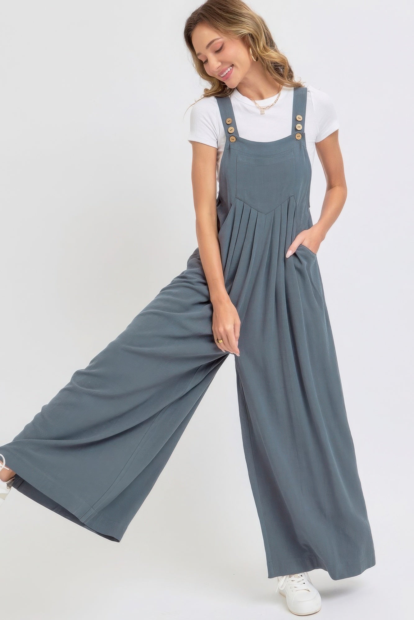 Adjustable Strap Overall Wide Leg Jumpsuit in Slate Grey