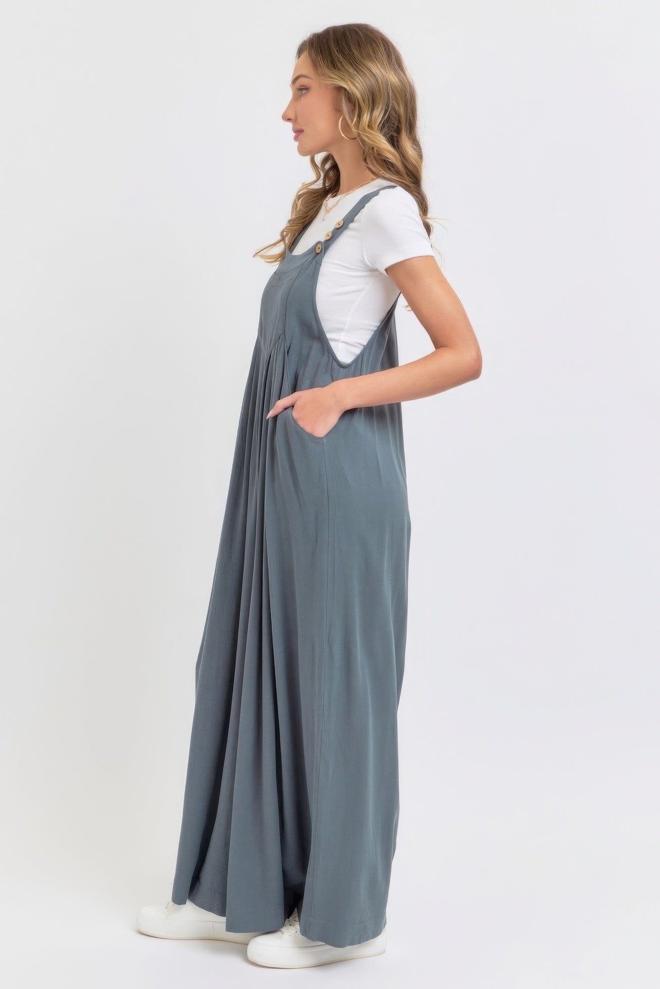 Adjustable Strap Overall Wide Leg Jumpsuit in Slate Grey