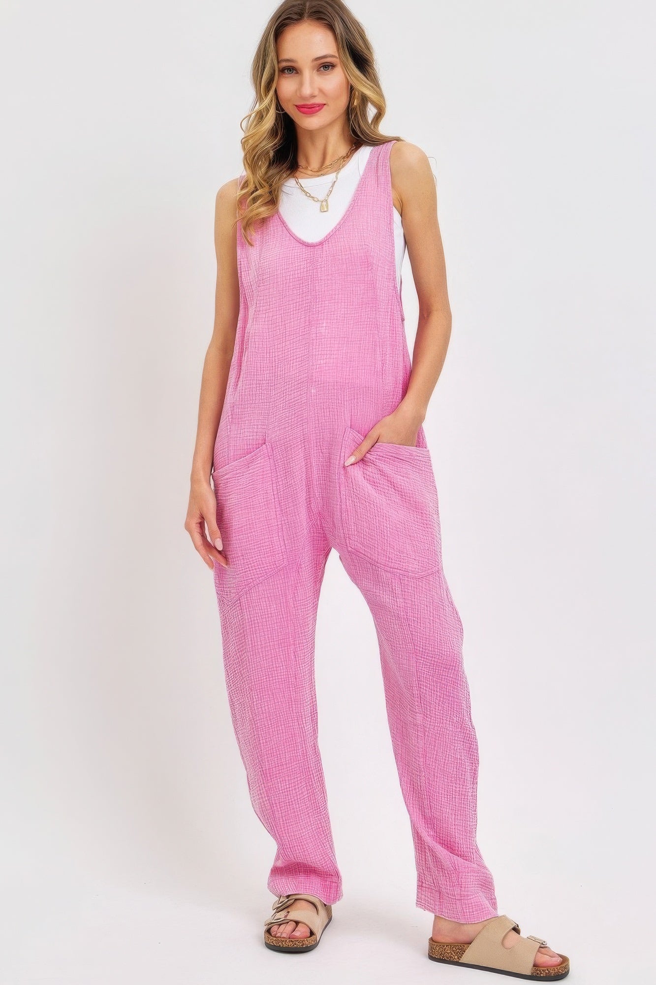 Mineral Washed Summer Jumpsuit in Pink