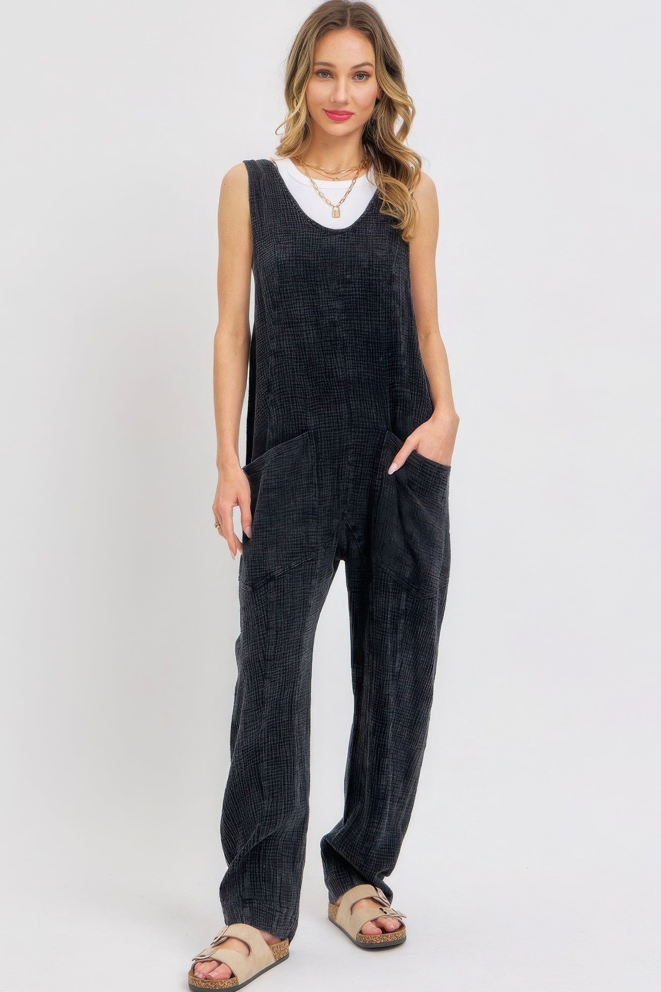 Mineral Washed Summer Jumpsuit in Black