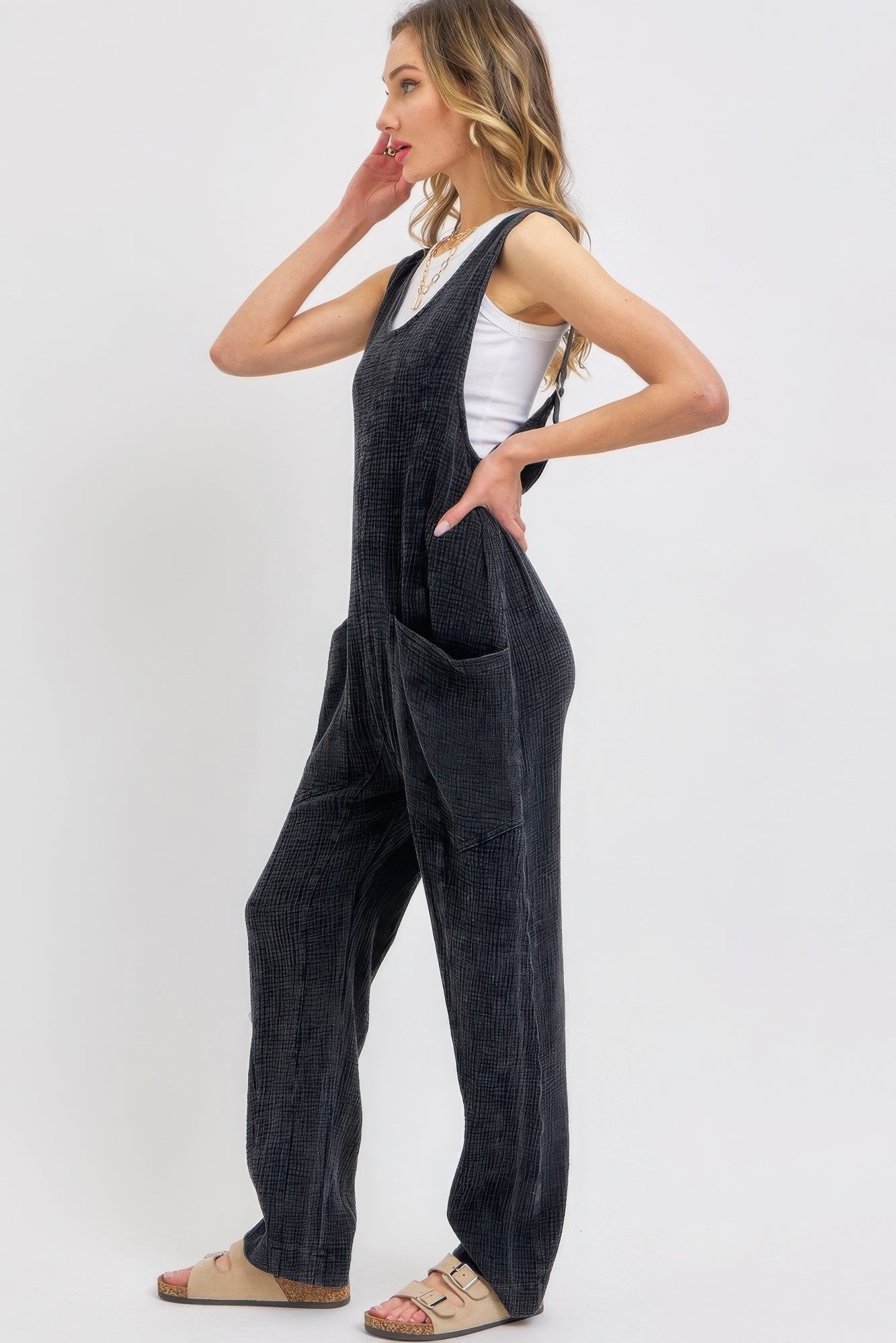 Mineral Washed Summer Jumpsuit in Black