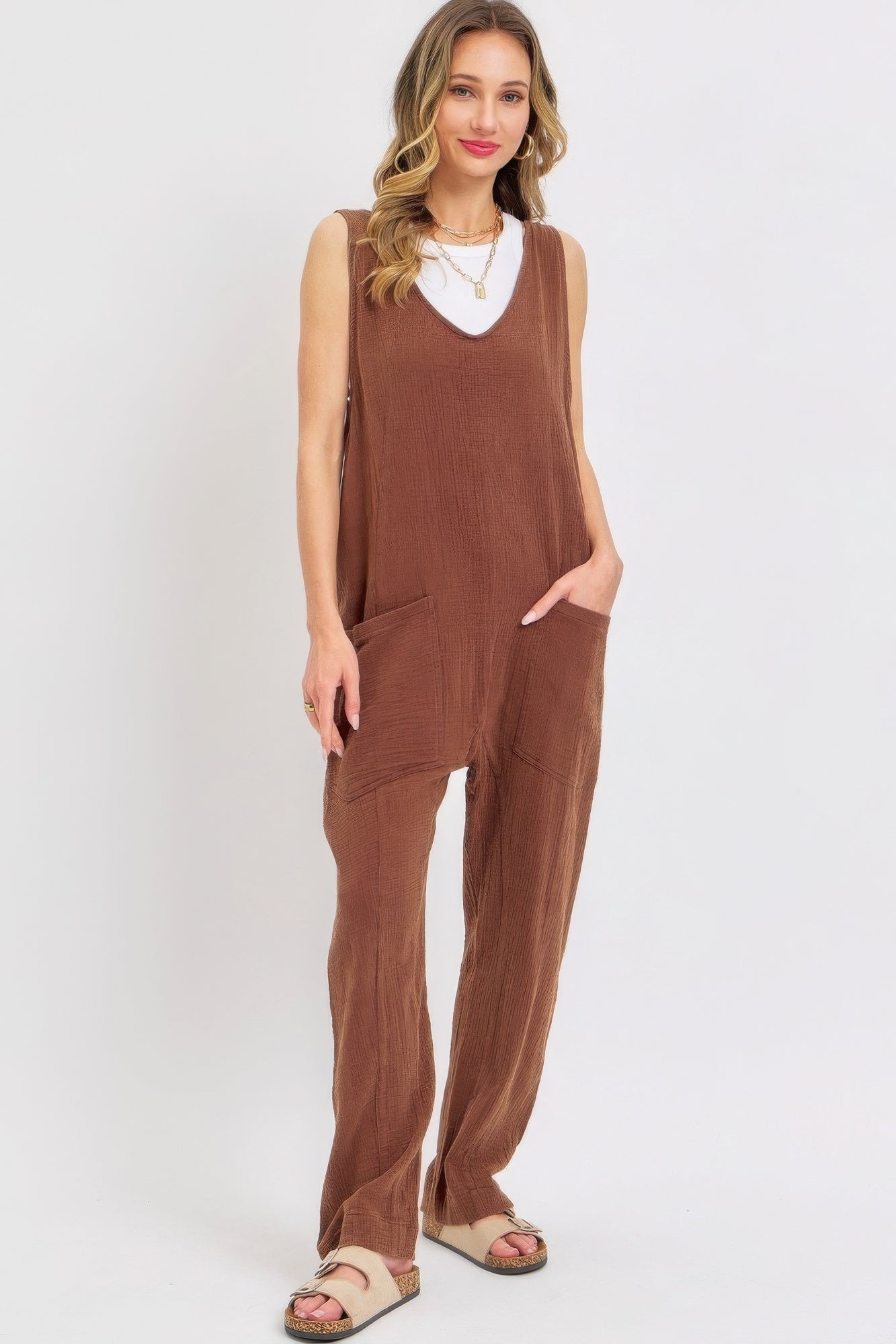 Mineral Washed Summer Jumpsuit in Brown