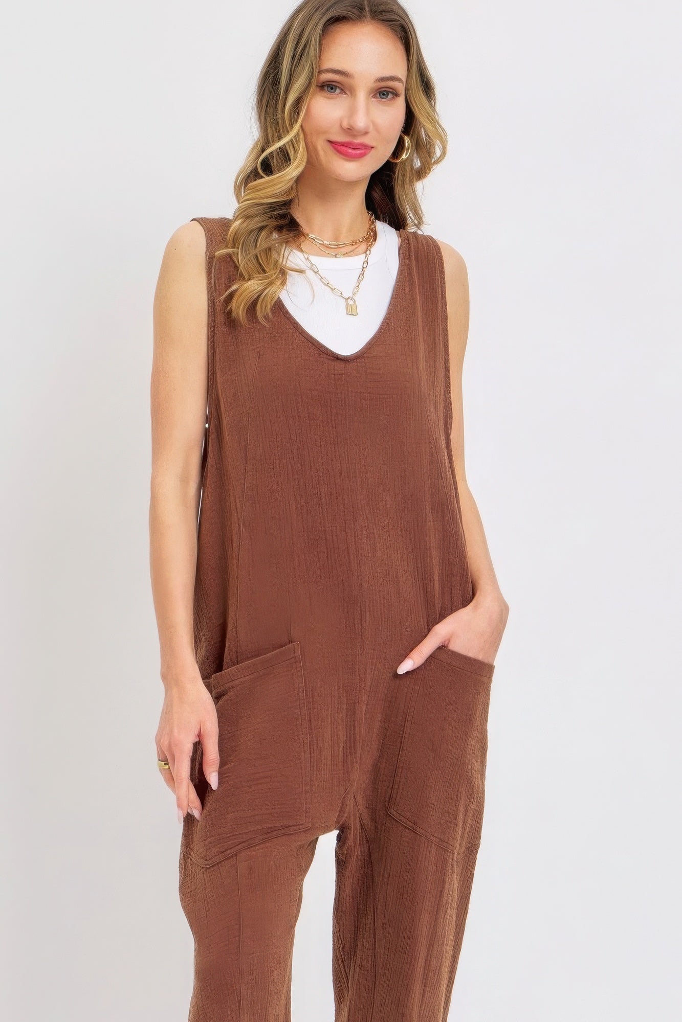 Mineral Washed Summer Jumpsuit in Brown