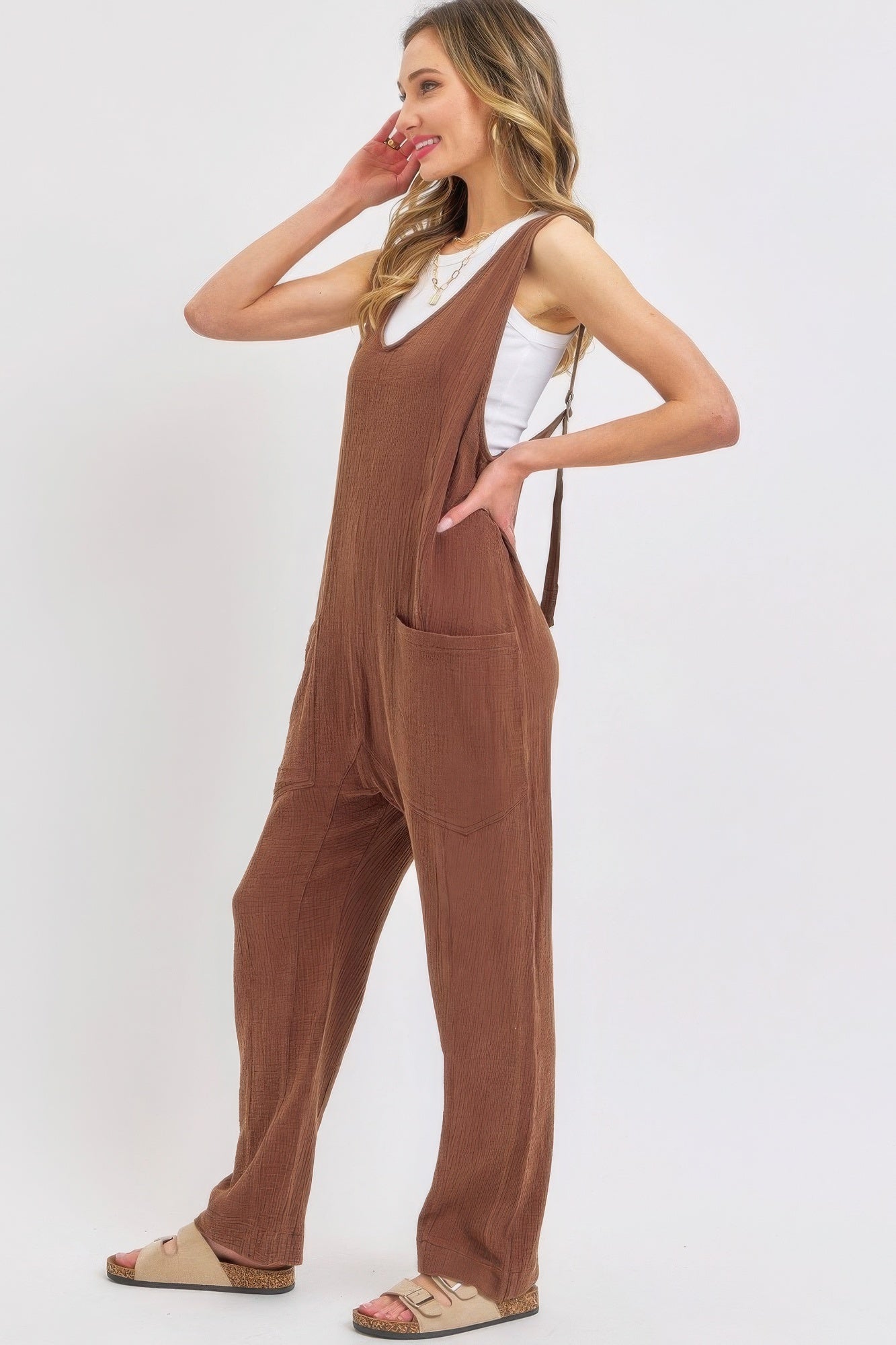 Mineral Washed Summer Jumpsuit in Brown