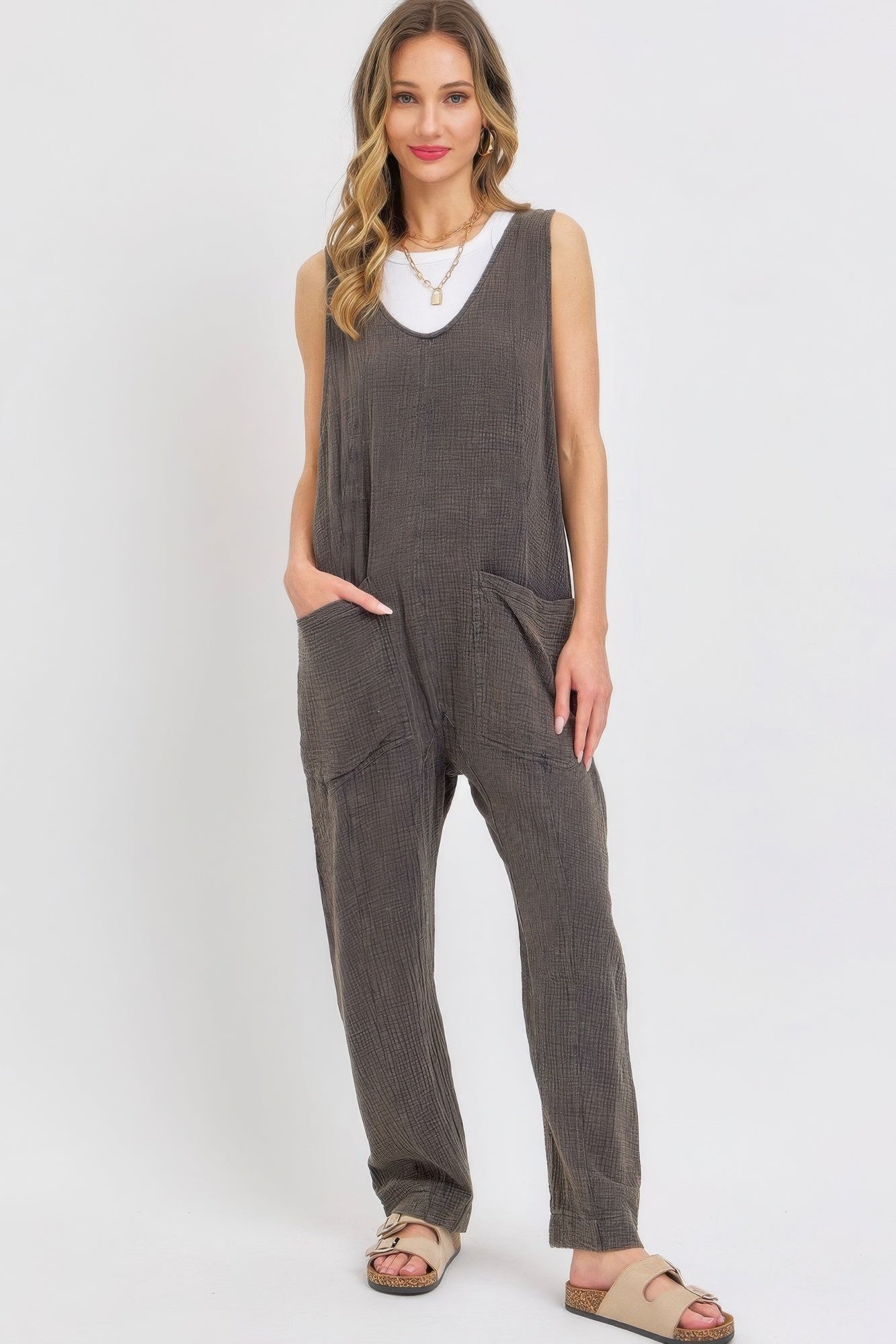 Mineral Washed Summer Jumpsuit in Stone Charcoal