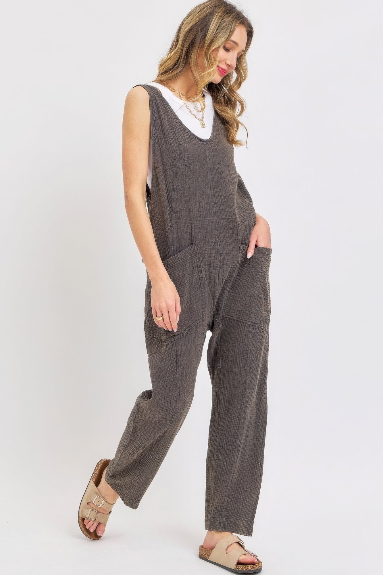 Mineral Washed Summer Jumpsuit in Stone Charcoal