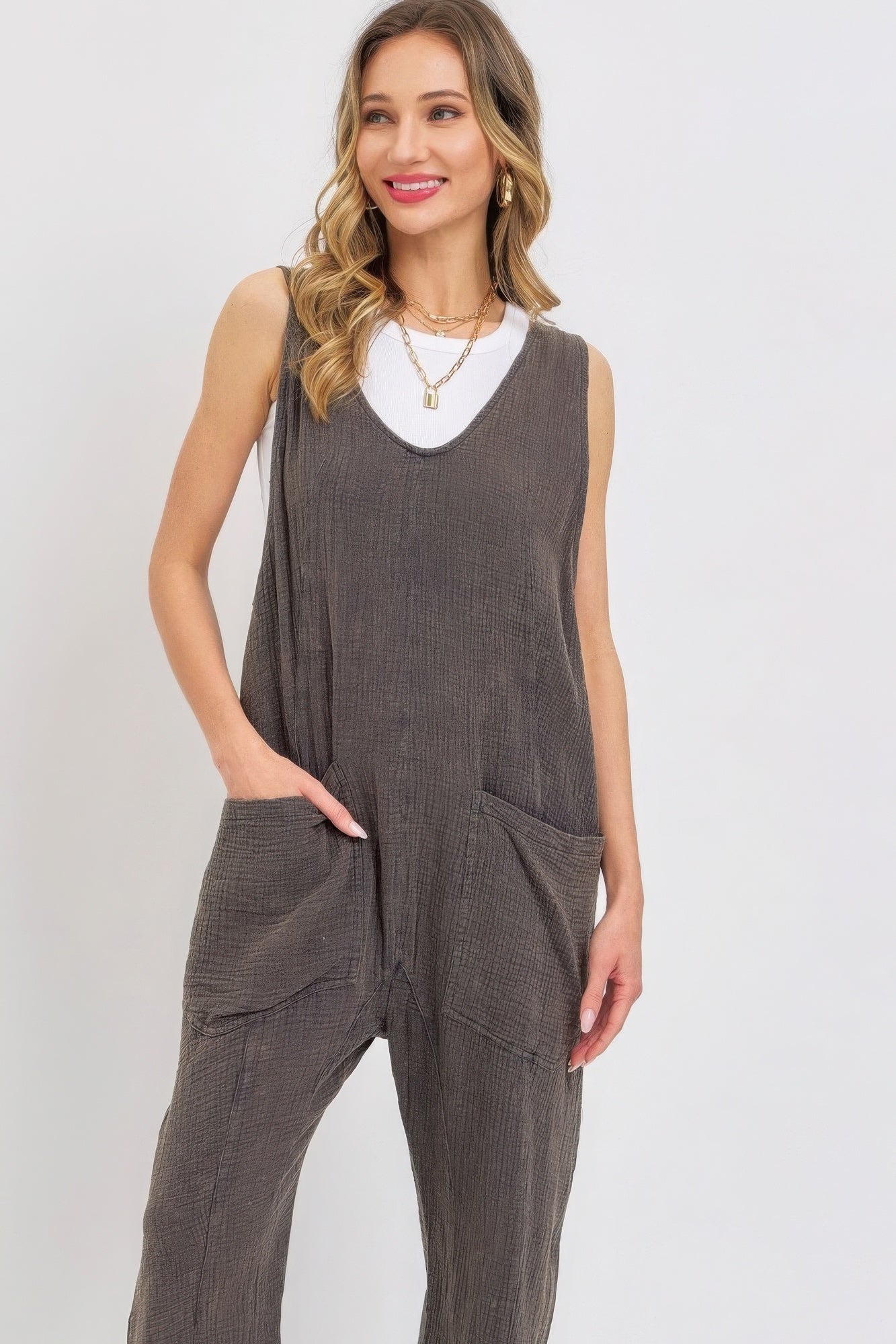 Mineral Washed Summer Jumpsuit in Stone Charcoal