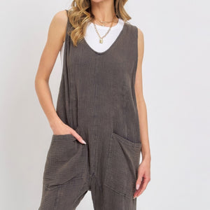 Mineral Washed Summer Jumpsuit in Stone Charcoal