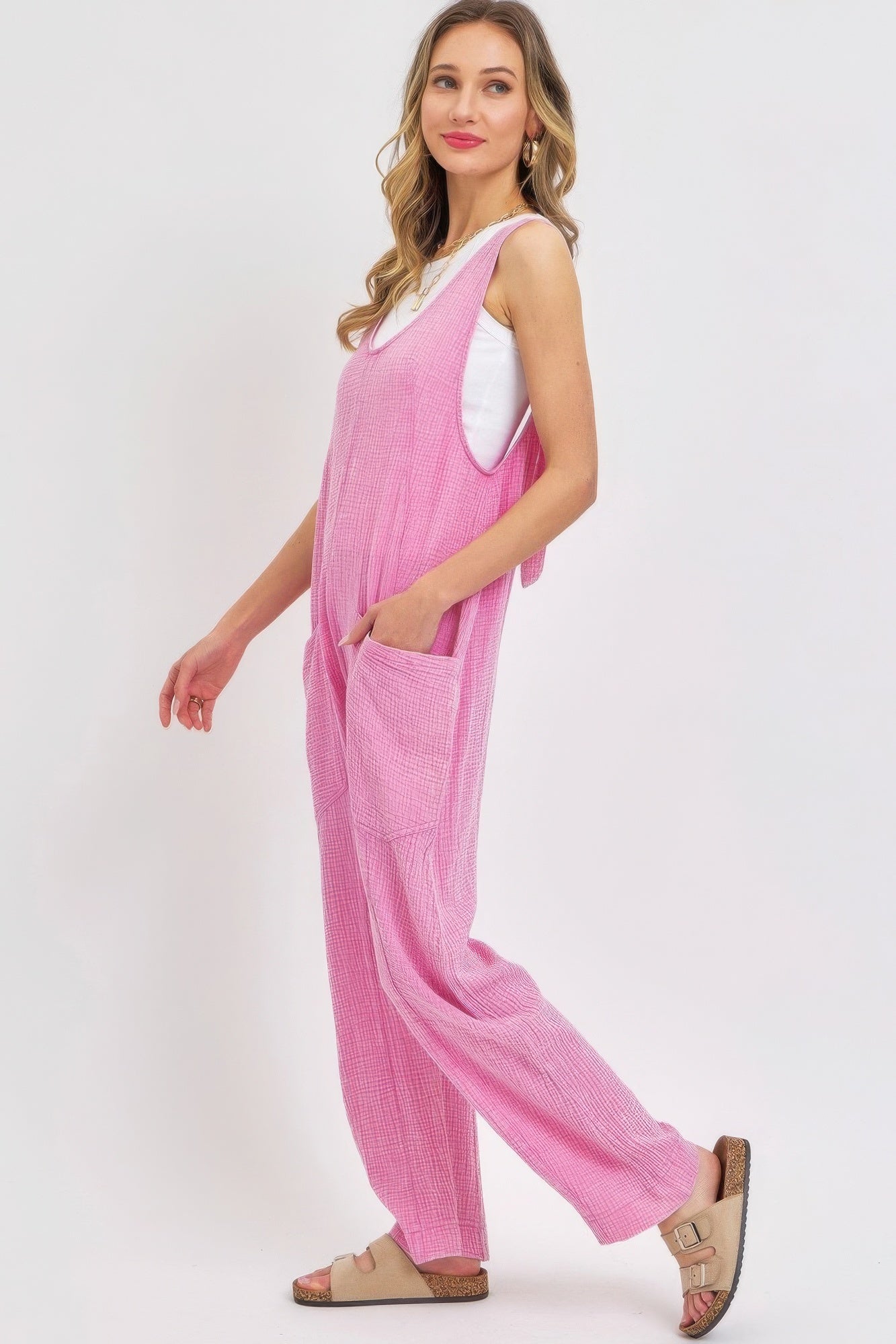 Mineral Washed Summer Jumpsuit in Pink