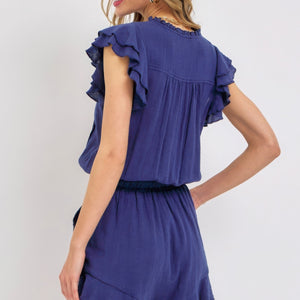 Ruffle Romper in Ink Blue