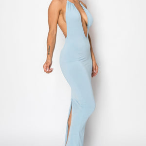 Light Blue Halter Necklace Trim Long Dress