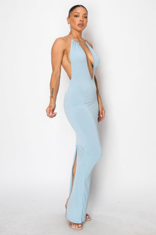 Light Blue Halter Necklace Trim Long Dress