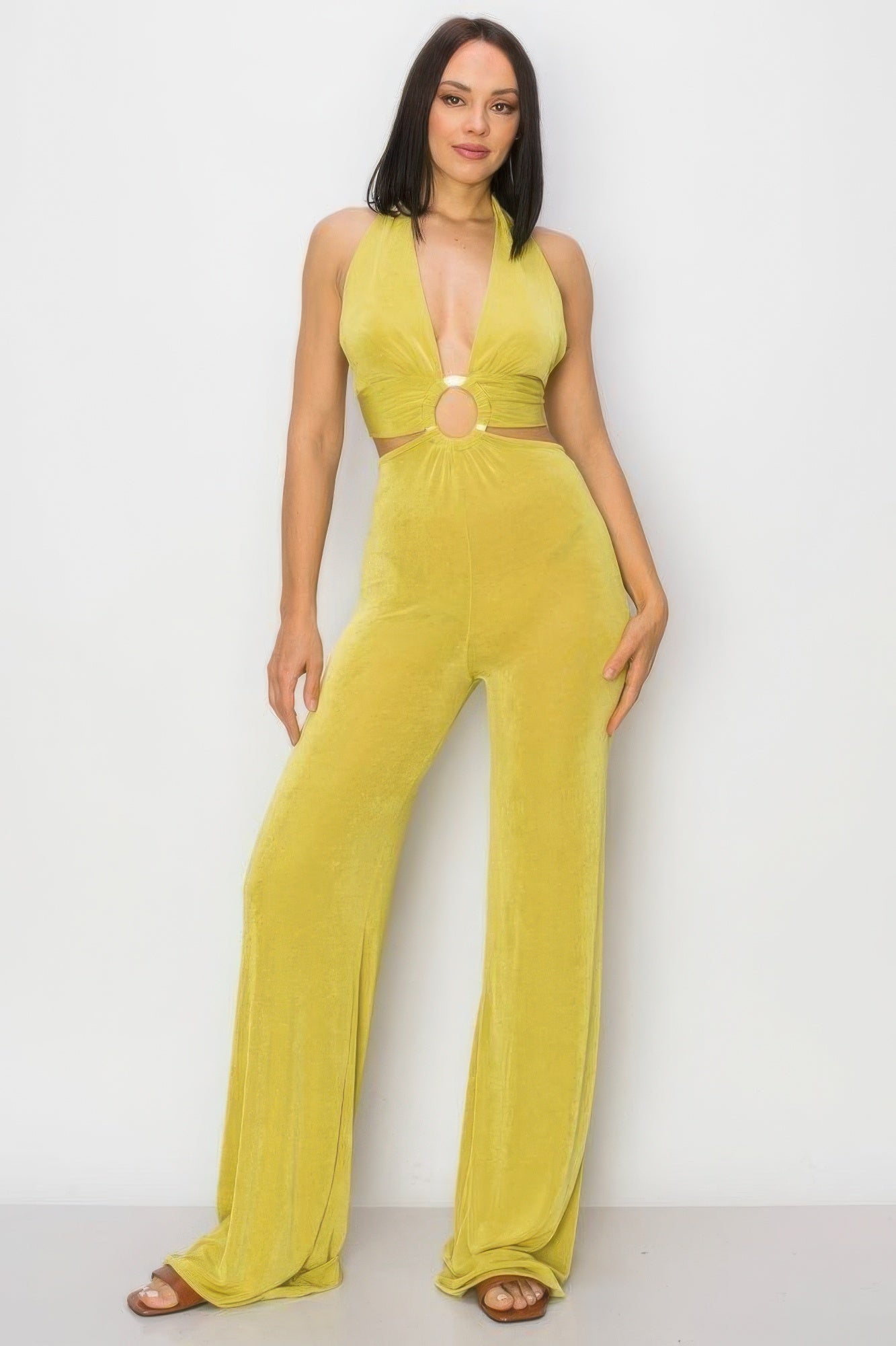 Solid Slinky Wide Legs Jumpsuit in Vibrant Lime Green