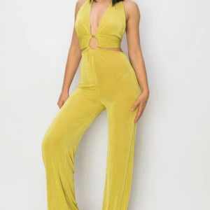 Solid Slinky Wide Legs Jumpsuit in Vibrant Lime Green