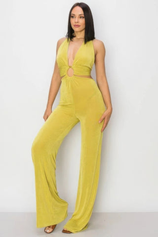 Solid Slinky Wide Legs Jumpsuit in Vibrant Lime Green