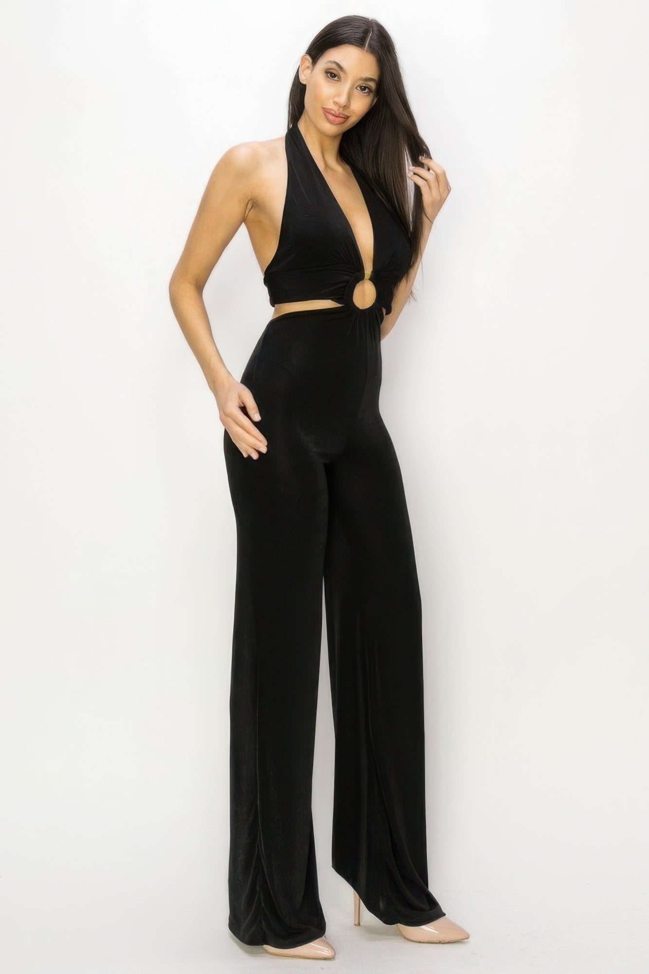 Black Solid Slinky Wide Legs Jumpsuit - Effortless Elegance