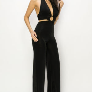 Black Solid Slinky Wide Legs Jumpsuit - Effortless Elegance