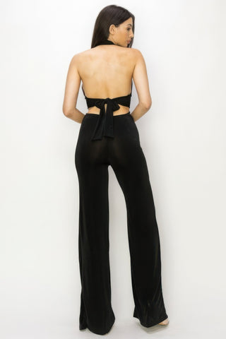 Black Solid Slinky Wide Legs Jumpsuit - Effortless Elegance